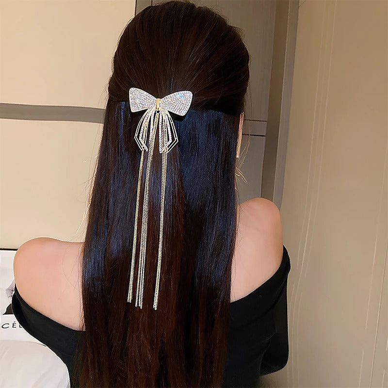 New Fashion Bow Tassel Hair Clips For Women Delicate Sparkly Rhinestone Tassel Hairpin Hair Accessories