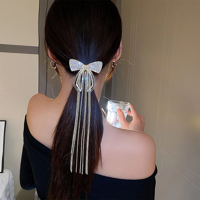 New Fashion Bow Tassel Hair Clips For Women Delicate Sparkly Rhinestone Tassel Hairpin Hair Accessories