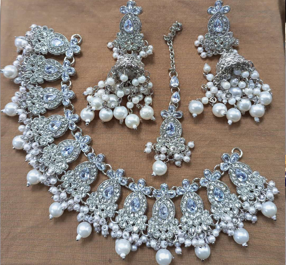 Party Wear & Bridal Necklace Set - Silver