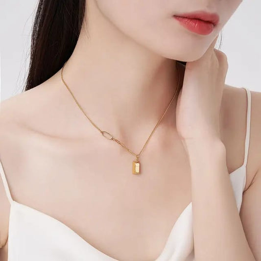 Vintage Simple 316L Stainless Steel Women Square Dainty Golden Bricks Pendant Necklace